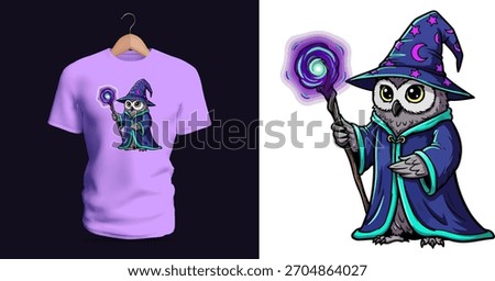 Whimsical vector illustration of an owl dressed as a wizard, wearing a long flowing robe with layered fabric details, a pointed magical hat decorated with crescent moons, and holding a glowing