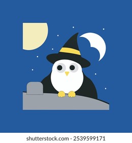 A whimsical vector illustration of a playful Halloween owl perched under a moonlit night, perfect for festive, kid-friendly Halloween designs and spooky scenes.