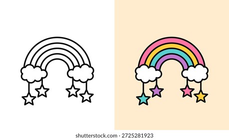 Ilustração de vetor fantástico de um arco-íris com nuvens fofas e uma estrela na parte inferior, criada em estilo de arte de linha e cor suave. 