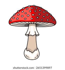 Uma ilustração vetorial caprichosa de um cogumelo vermelho toadstool amanita com manchas brancas, com um chapéu detalhado, brânquias texturizadas e uma base bulbosa, perfeita para projetos outonais.