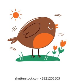 A whimsical vector illustration of a round brown robin bird standing on a patch of green grass with small orange flowers and a sun icon.