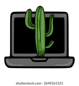 Uma ilustração vetorial caprichosa de um cacto de saguaro surgindo de forma lúdica de uma tela de laptop fechada, criando uma mistura única de natureza e tecnologia.