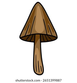 A whimsical vector illustration of a single brown mushroom with a pointed cap, detailed stem, and a hand-drawn style, perfect for autumnal designs.