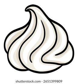 Whimsical vector illustration of a single, stylized meringue swirl, featuring a creamy off-white color palette and bold black outlines, ideal for dessert menus or bakery branding.