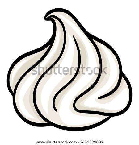 Whimsical vector illustration of a single, stylized meringue swirl, featuring a creamy off-white color palette and bold black outlines, ideal for dessert menus or bakery branding.