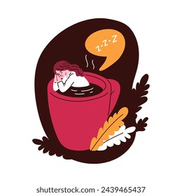 A whimsical vector illustration of a sleepy individual resting in a coffee cup, with a speech bubble indicating Z-Z-Z. 