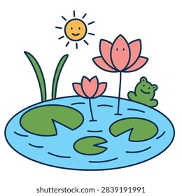 A whimsical vector illustration of a small blue pond featuring pink lotus flowers lily pads a smiling sun and a friendly little green frog sitting at the edge