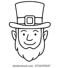 Whimsical vector illustration of a smiling leprechaun's face wearing a tall hat, St. Patrick's Day