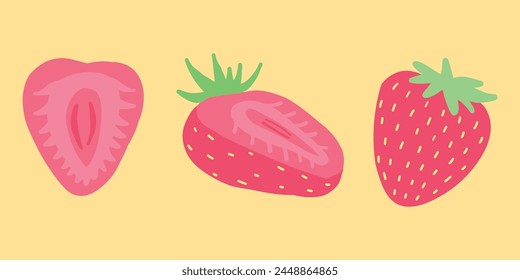 Whimsical vector illustration of strawberries in vibrant pinks and yellows, showcasing whole and halved berries in charming flat design style, perfect for fresh summer themes and healthy food concept