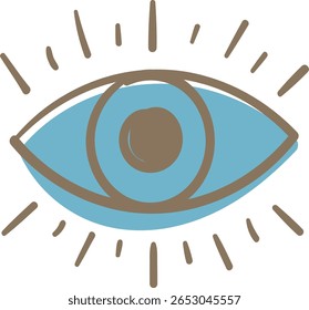  A whimsical vector illustration of a stylized eye with a light blue iris, brown pupil, and radiating short lines resembling eyelashes or energy. 