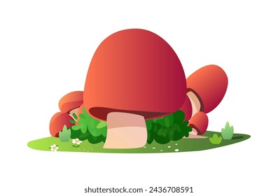 Whimsical vector illustration of stylized mushrooms on a green patch with flowers, suitable for game design or thematic decoration.