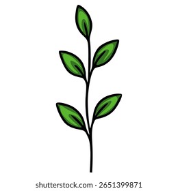 A whimsical vector illustration of a stylized sprig with five vibrant green leaves, showcasing bold outlines and a playful, hand-drawn aesthetic, ideal for adding a touch of nature to designs.