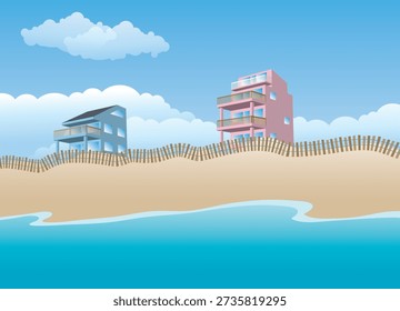 A whimsical vector illustration of a summer beach scene featuring two multi-story coastal houses or condos behind a sand dune with a fence. The blue sky, white clouds, and ocean in the foreground create a playful seaside vacation atmosphere, ideal for stock images, travel, and vacation-themed designs.