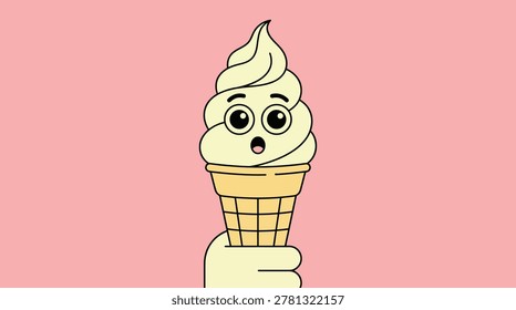 A whimsical vector illustration of a surprised ice cream cone with a face, held by its own hand against a soft pink backdrop. Perfect for fun designs.