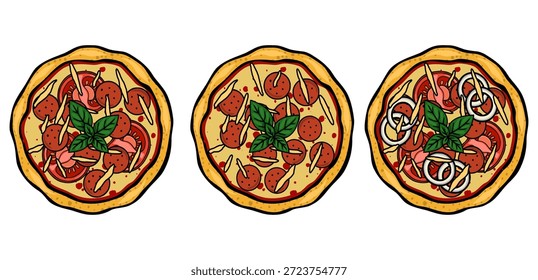 Whimsical vector illustration of three delicious pizzas with pepperoni, tomatoes, onions, and fresh basil