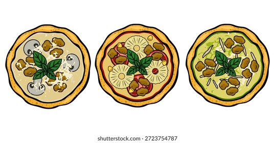 Ilustração vetorial extravagante de três deliciosas pizzas com coberturas de manjericão fresco e queijo derretido