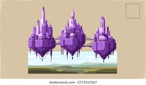 Ilustración vectorial caprichosa de tres elaborados castillos morados en islas flotantes conectadas por puentes. Esta obra de arte de temática fantástica, ambientada en un paisaje pintoresco, combina detalles arquitectónicos con
