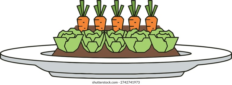 Whimsical vector illustration of tiny carrots growing in lettuce on a plate, suggesting fresh ingredients or a garden meal.