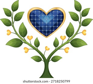 Ilustración vectorial caprichosa de un árbol que crece un corazón azul del panel solar fotovoltaico con el marco dorado, adornado con las hojas verdes exuberantes y las bayas anaranjadas en forma de corazón. Perfecto para temas de energía renovable, eco-romance, conciencia de sostenibilidad, eco-diseños de San Valentín y promociones de tecnología verde.