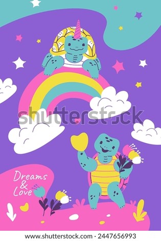 Whimsical vector illustration of turtles in a fantasy setting, with one sporting a unicorn horn atop a rainbow, promoting Dreams Love .