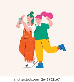 Whimsical vector illustration of two trendy cartoon friends taking a selfie. Colorful and playful design, perfect for youth, friendship, and social media themes. Hand drawn vector image