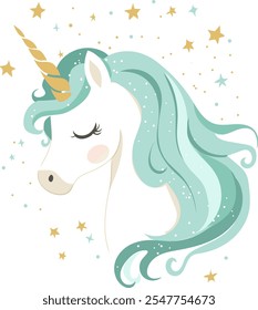 A whimsical vector illustration of a unicorn head with a golden horn and closed eyes, surrounded by sparkling stars. Children’s illustrations, nursery decor, invitations, greeting cards