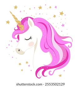 A whimsical vector illustration of a unicorn head with a golden horn and closed eyes, surrounded by sparkling stars. Children’s illustrations, nursery decor, invitations, greeting cards