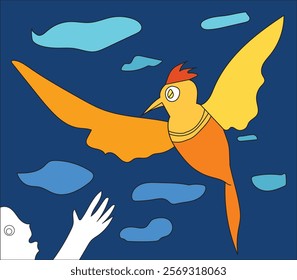 Whimsical Vector Illustration of a Vibrant Bird in Flight and a Man Waving Goodbye After Releasing It to Freedom – A Modern Abstract Design Perfect for Creative Projects, Graphic Design, and Artistic 