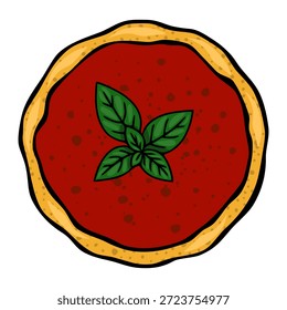 Whimsical vector illustration of a whole pizza with vibrant red sauce and fresh basil