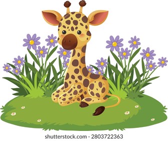 Whimsical vector illustration of a young giraffe resting among purple flowers on green grass.