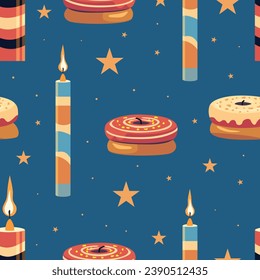 Whimsical vector pattern celebrating Hanukkah Festive donuts and glowing candles create a delightful design for the Festival of Lights.