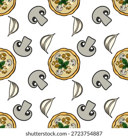 Whimsical vector pattern of delicious mushroom pizza slices and garlic cloves, perfect for culinary designs.