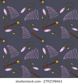 Whimsical vector pattern of magic wands, crystals, and celestial charms on a dark background
