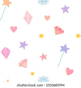 A whimsical vector pattern with stars, gems, magic wands and hearts