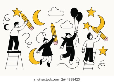 Whimsical vector of people drawing stars, moons, and clouds with giant pencils. Playful and creative scene, perfect for imagination, art, dreams, and teamwork concepts. Fun minimalist style.