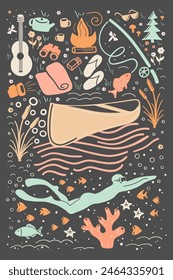 A whimsical vector poster depicting broad range of summer outdoor adventures, camping gear, fishing, a campfire, nature scenery with trees, fish, evoking a sense of exploration for the great outdoors.