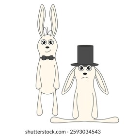 Whimsical vector Rabbit couple isolated white background. Simple flat style Rabbit template design. Weird Rabbit family. EPS 1