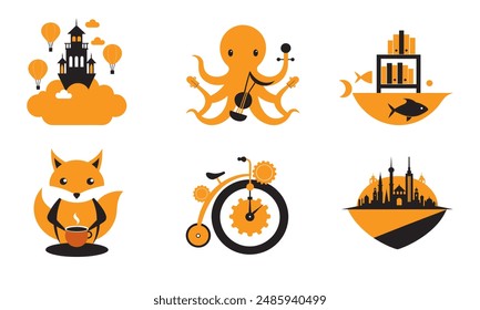 Whimsical vector scenes! Castles, balloons, octopus, library, fox barista, time bike. Perfect for kids' books, games creative projects.