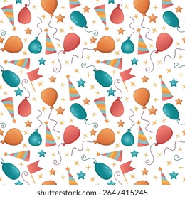 Whimsical vector seamless pattern with balloons, party hats, stars and flags. Perfect for holiday wallpapers, gift wrap and textile designs.