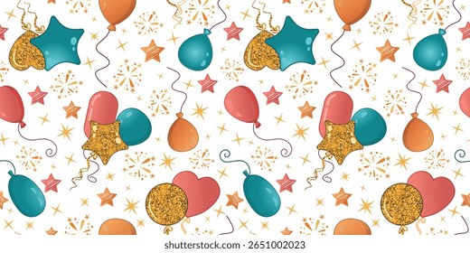 Vetor fantástico padrão sem emenda com balões em forma de coração, confetes e acentos florais em brilho dourado. Perfeito para papéis de parede de férias, envoltório de presente e desenhos têxteis.
