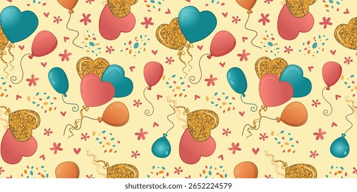Whimsical vector seamless pattern with heart-shaped balloons, confetti and floral accents in gold glitter. Perfect for holiday wallpapers, gift wrap and textile designs.