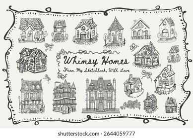 Whimsical vector set of fantasy houses: Parisian buildings, cottages, and palace. Ideal for storytelling, postcards, kids decor. Vector illustration.
