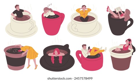 A whimsical vector set featuring people immersed in coffee cups, engaging in various leisure activities, exuding a cozy, relaxed vibe.