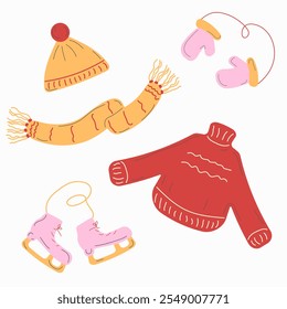 Whimsical vector set of warm winter clothes: sweater, cap, scarf, mittens, and skates. Cute collection for seasonal and winter holiday designs