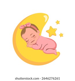 Whimsical vector showing a baby girl in pink pajamas napping on a soft fluffy moon with stars. Drawing for nursery designs, children’s books and dreamy baby branding