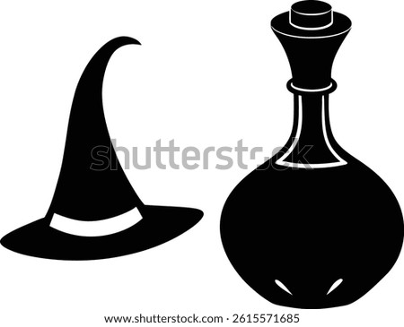 A whimsical vector silhouette featuring a classic witch's hat and a potion bottle, perfect for Halloween or magical-themed designs.Ideal for illustrations, logos, and creative projects with a mystical