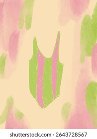 Whimsical vector swimsuit illustration in a trendy pink and green striped design, symbolizing summer fun, body positivity, and joyful leisure. Perfect for fashion and lifestyle concepts.