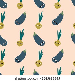 Whimsical vegetable seamless pattern. Eggplants and onions with expressive faces, arranged on a soft background.