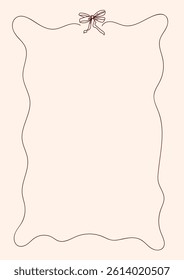 Whimsical Vintage Aesthetic Rectangular Frame And Ribbon Bow Elegant Outlined Hand Drawn Doodle Pastel Peachy And Burgundy Colors Vector Design