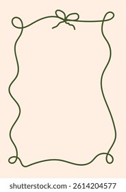 Whimsical Vintage Aesthetic Rectangular Frame And Bow Elegant Outlined Hand Drawn Doodle Pastel Peachy And Dark Green Colors Vector Design